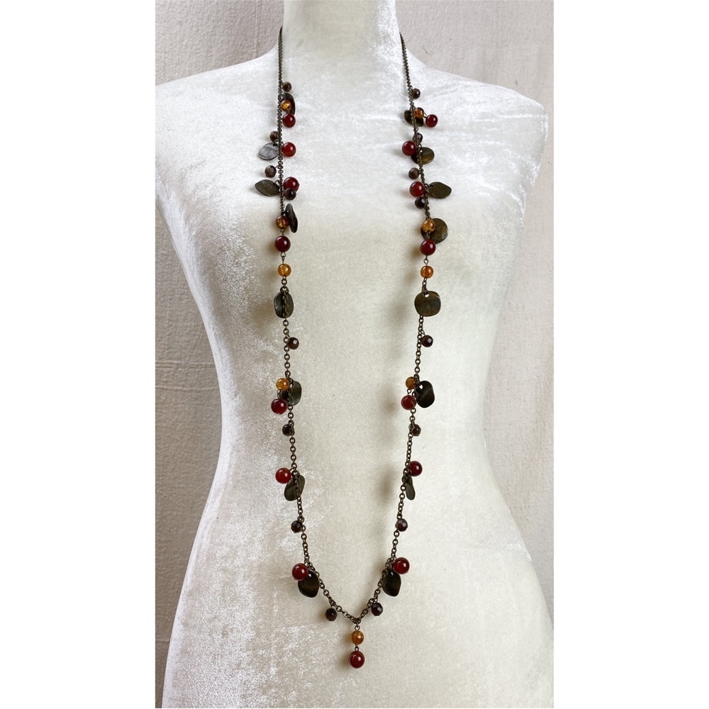 Fossil Long Antiqued gold tone Necklace with fall colored beads